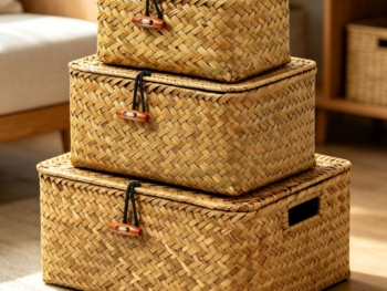 Seaweed storage box set (3 pieces) with lid, desktop cosmetic basket