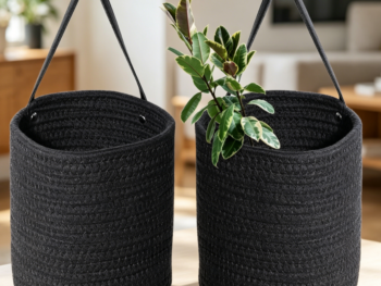 2-Pack Black Hemp Rope Basket w/ Leather Handles