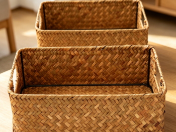 Straw woven storage basket with handle, rectangular toy and clothing basket