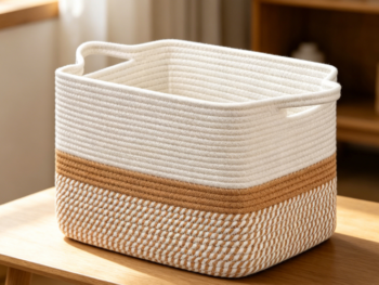 Two-Tone Cotton Rope Storage Basket for Toys & Books (White/Camel)