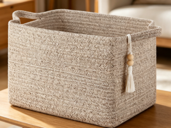 Brown Square Cotton Rope Storage Basket with Handles