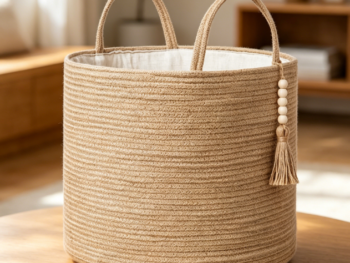 Large Jute & Cotton Rope Storage Basket with Wooden Bead Accents