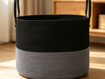 Two-Tone Cotton Rope Laundry Hamper with Reinforced Handles (Black/Gray)