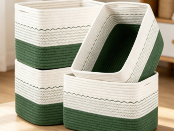 Small Two-Tone Cotton Rope Storage Baskets (4-Piece Set) (Green/White)
