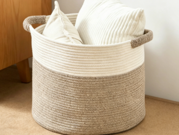 Round Two-Tone Cotton Rope Blanket Storage Basket (White/Brown)