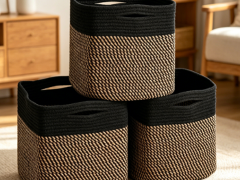 Cube-Shaped Cotton Rope Storage Baskets (3-Piece Set) (Black/Jute)
