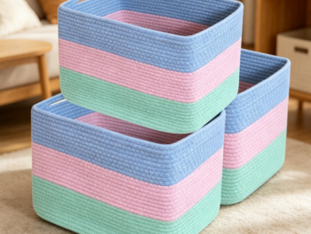 Rainbow-Colored Cotton Rope Toy Basket with Handles