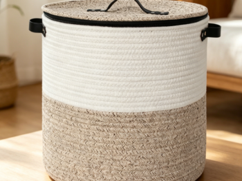 Cotton Rope Storage Basket with Zippered Lid for Blankets & Toys