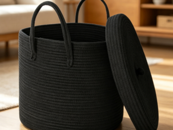 Large Black Cotton Rope Storage Bin with Lid for Blankets