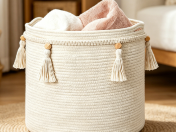 Bohemian-Style Cotton Rope Storage Basket with Tassel Accents