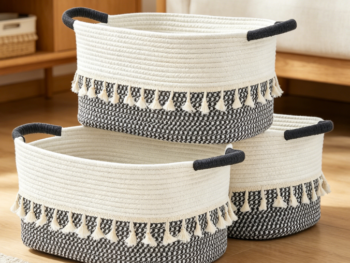 Two-Tone Cotton Rope Storage Baskets with Handles (3-Piece Set) (White/Blue)