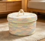 Small Cotton Rope Basket with Lid and Rainbow Wave Pattern