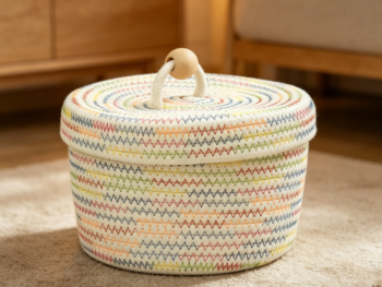 Small Cotton Rope Basket with Lid and Rainbow Wave Pattern
