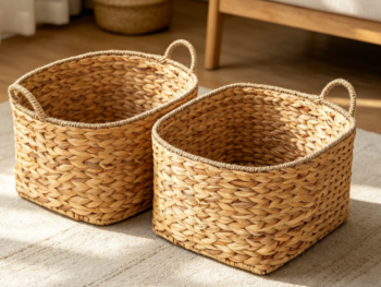 Round water hyacinth and seaweed basket, natural with handle